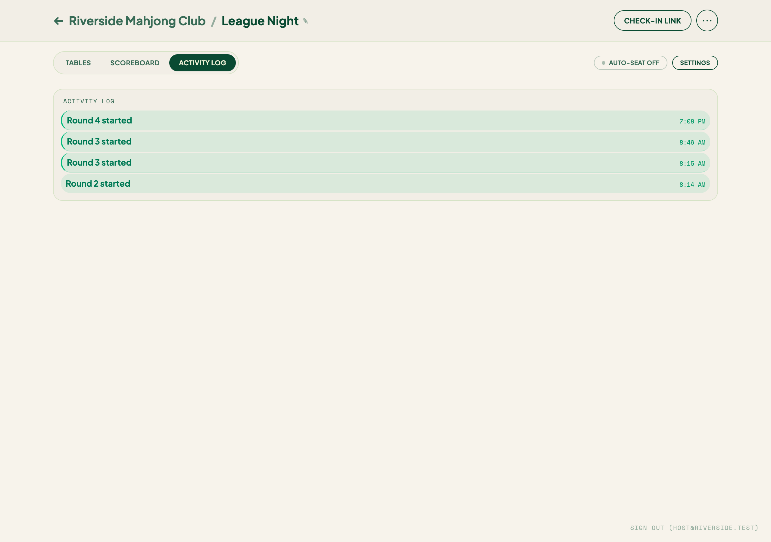 The Activity Log tab — round-start entries with timestamps