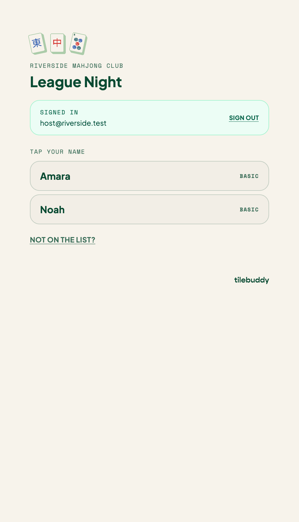 The check-in page — tap your name from the roster