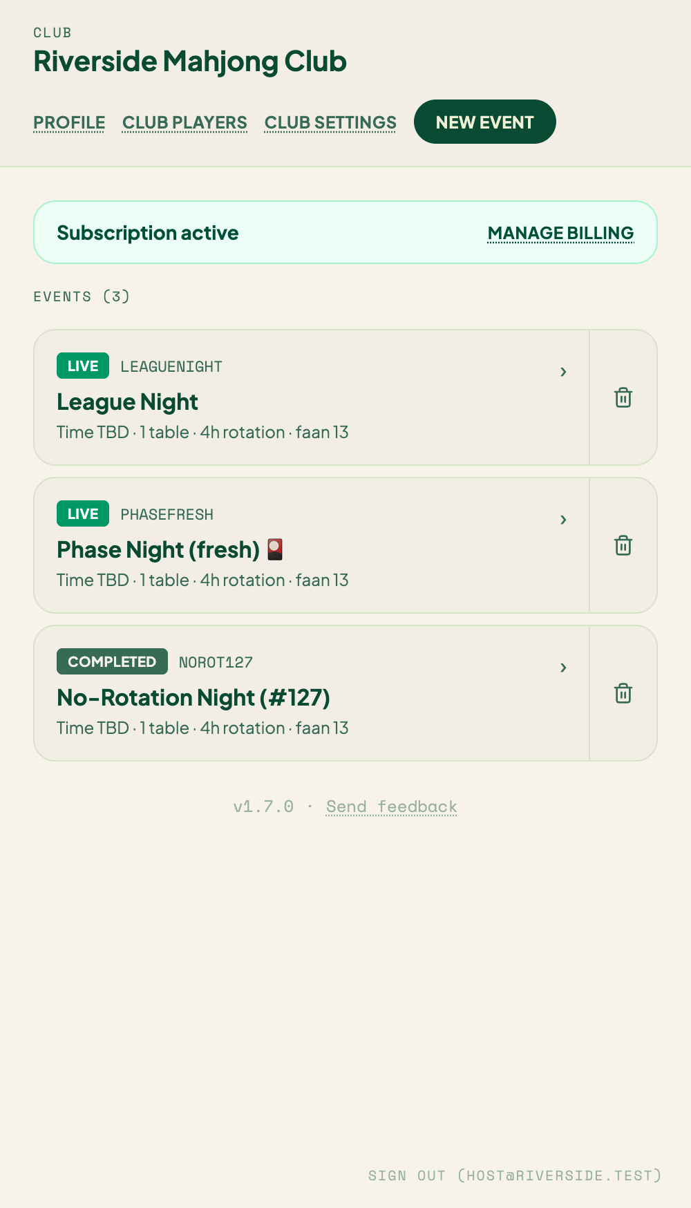 The club dashboard — your events, subscription, and settings
