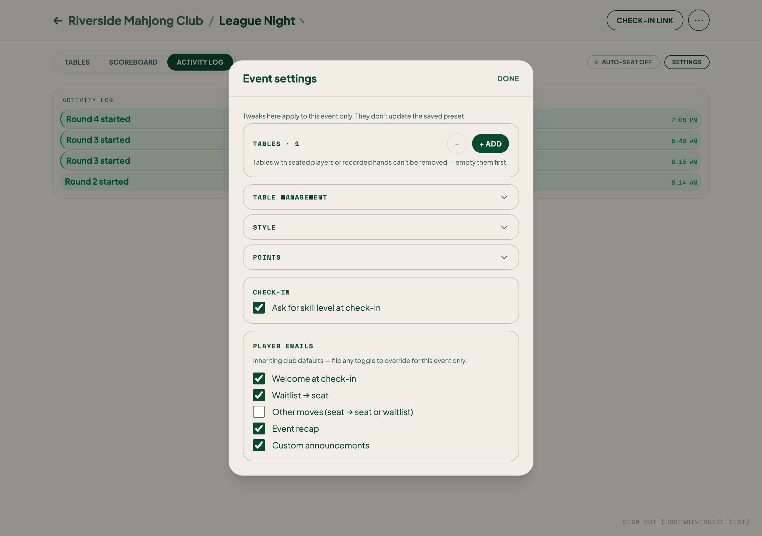 The Event settings panel — tables, table management, style, points, check-in, and player emails