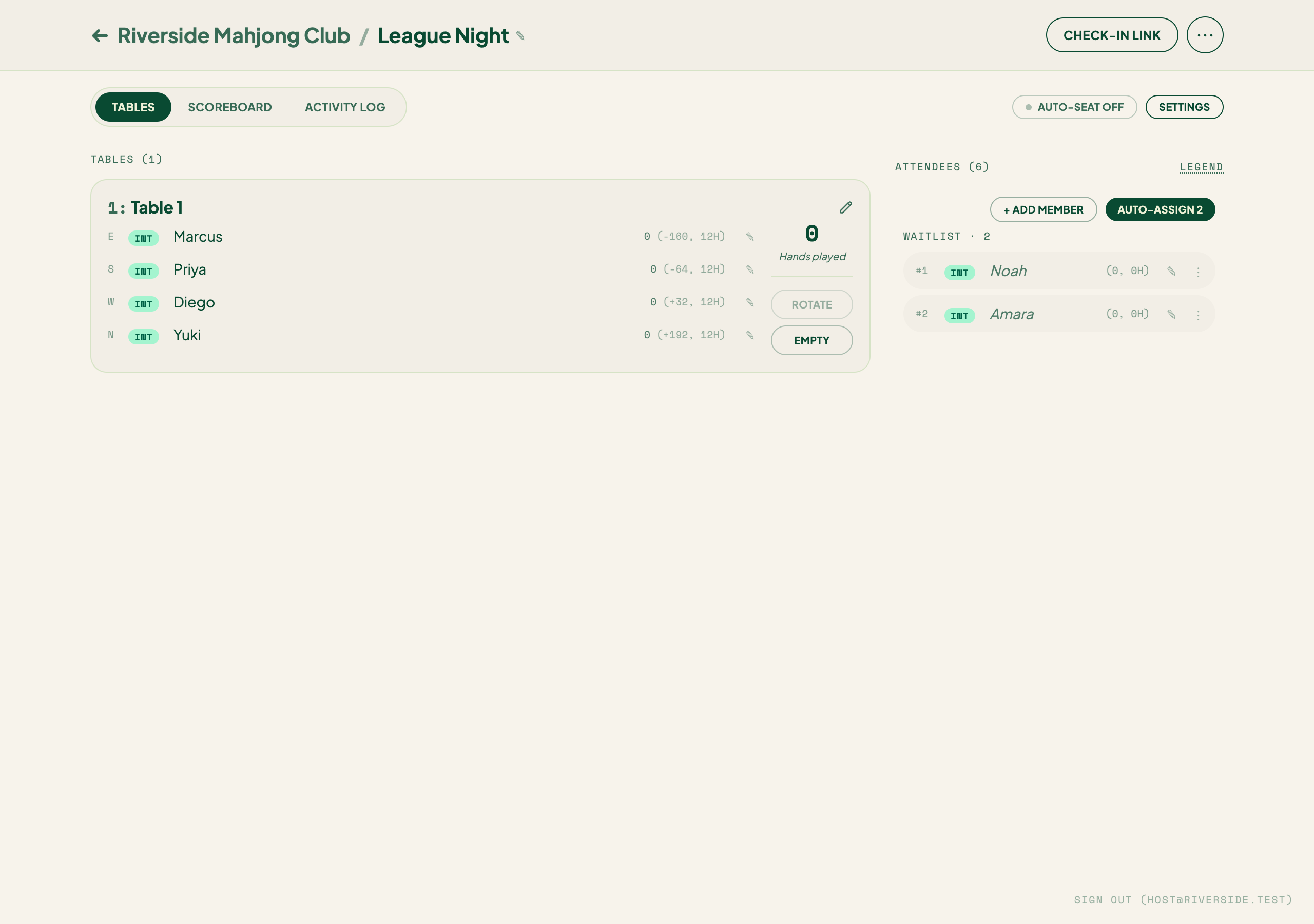 The Tables tab — a table card with four seated players and the waitlist alongside
