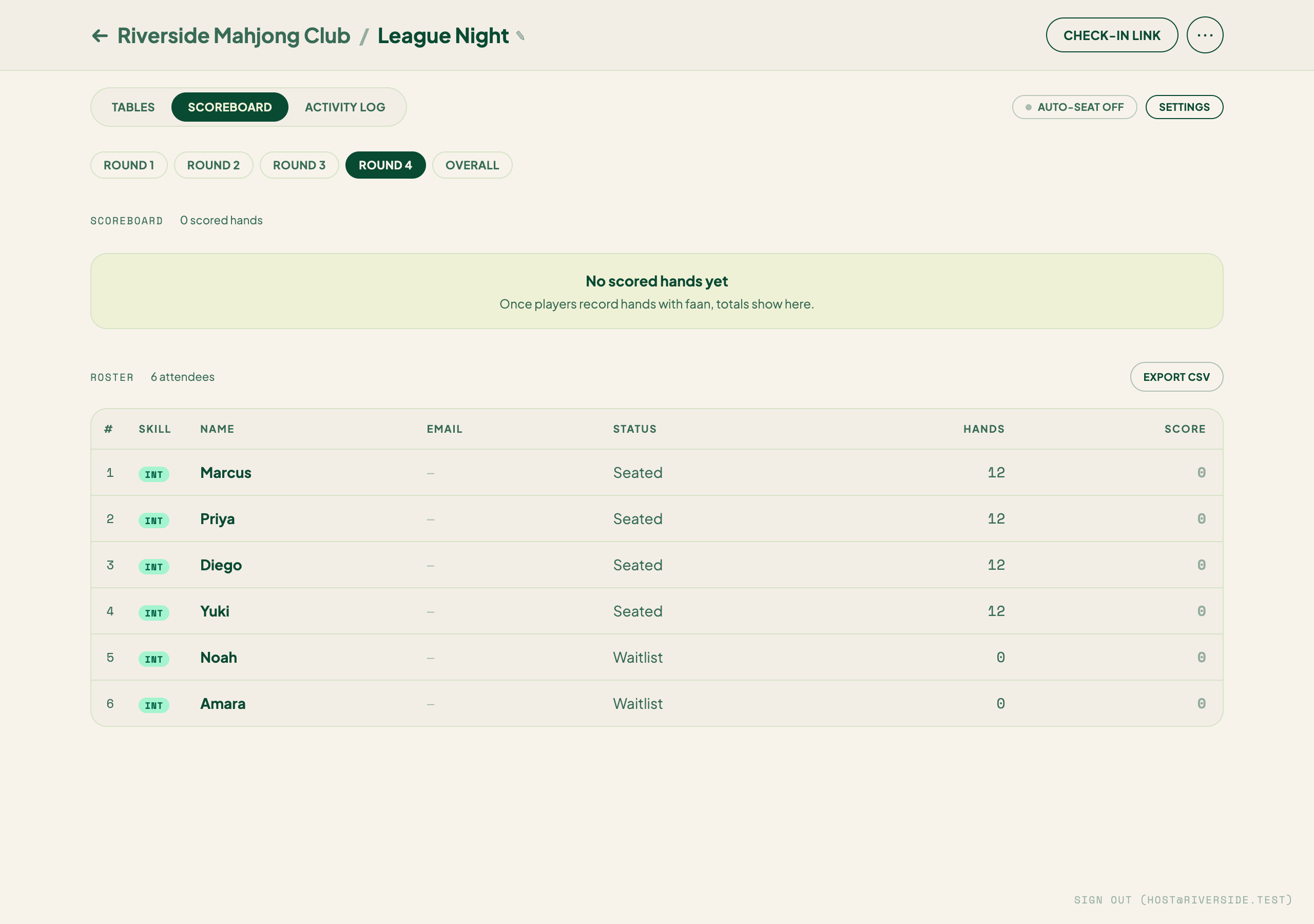 The Scoreboard tab — round filter pills, standings, and the roster with Export CSV