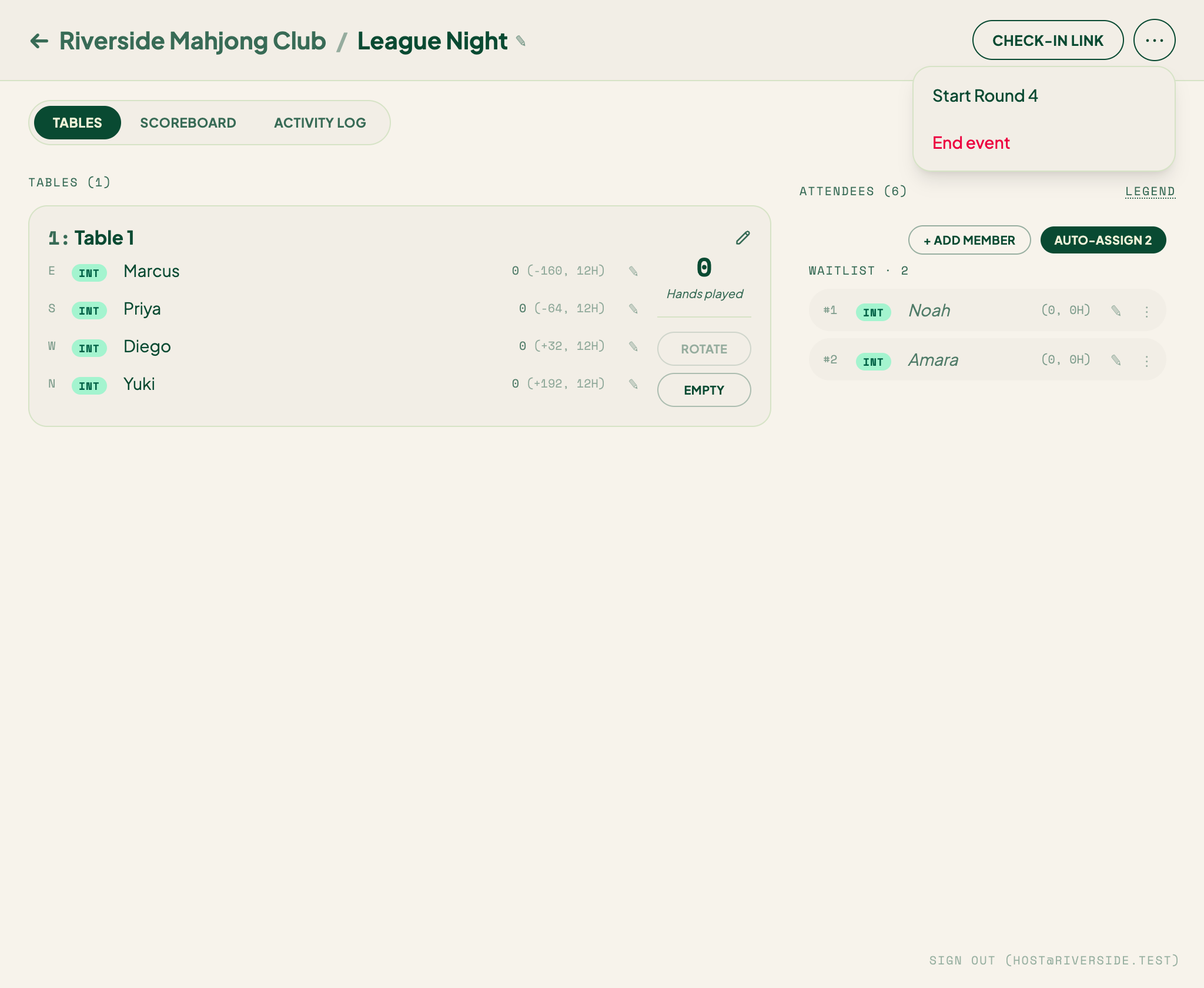 The host console header with the ⋯ menu open, showing Start Round and End event