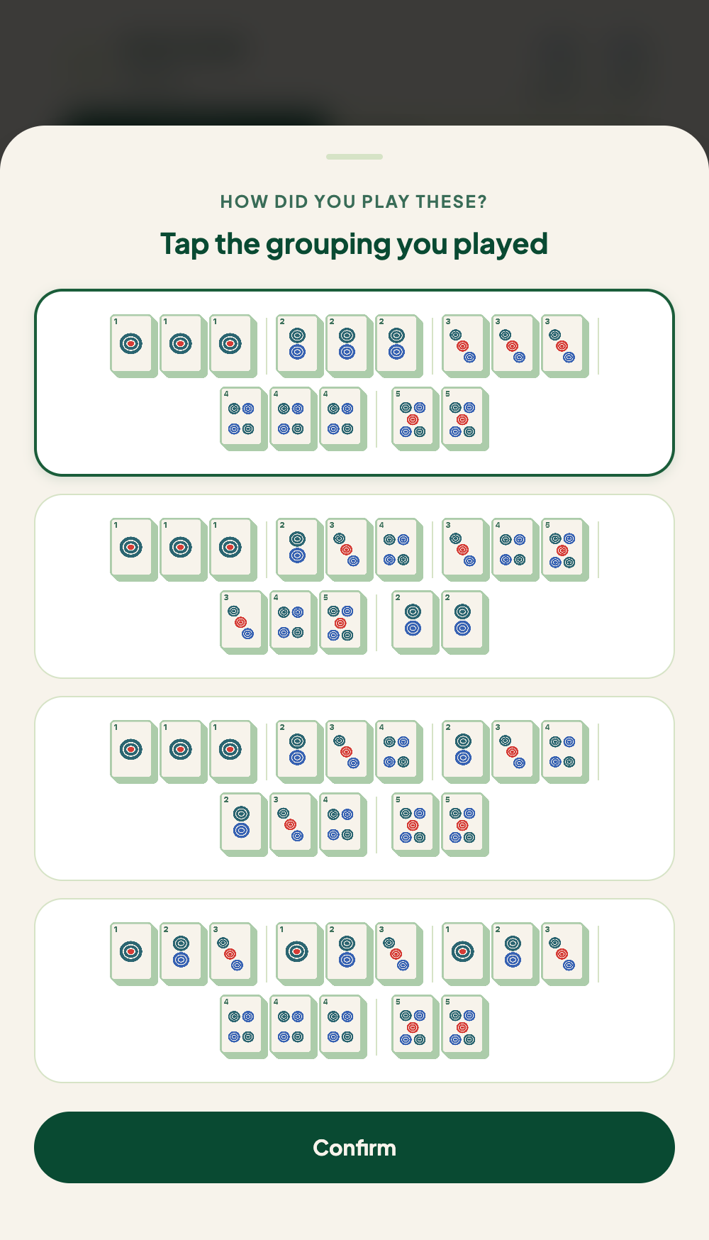 Choosing between readings — tap the grouping you played