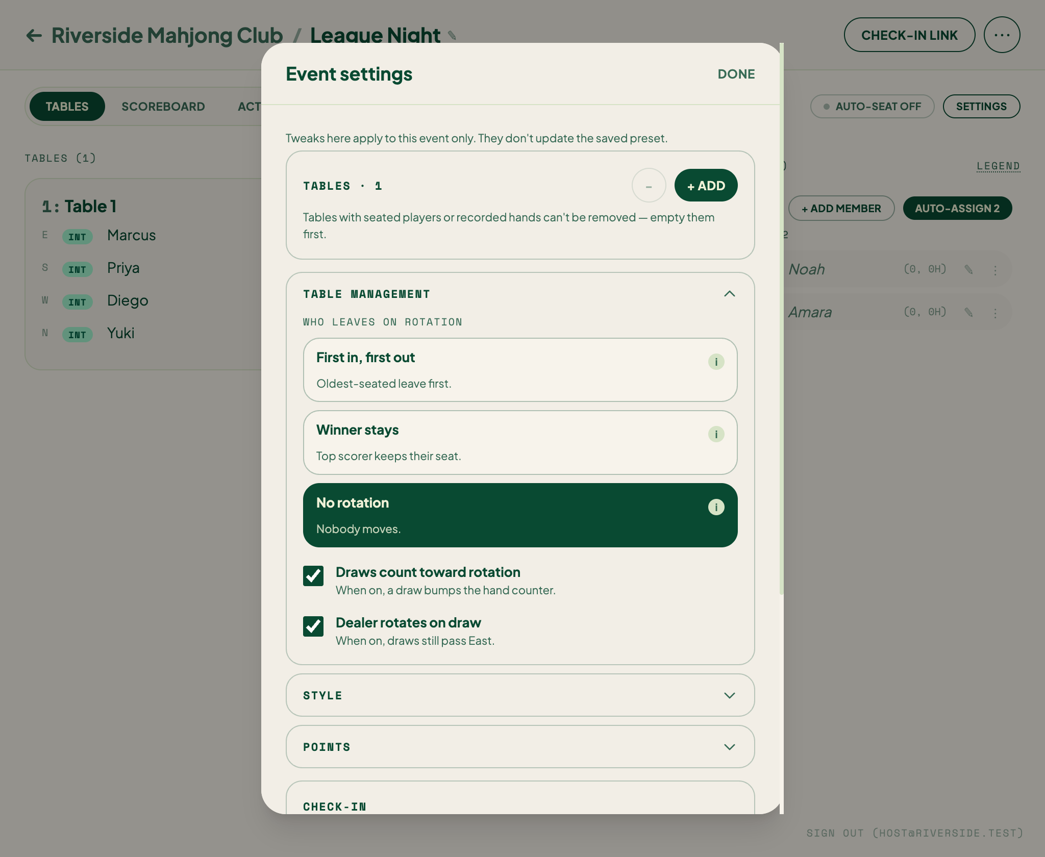 The Table Management rules editor with No rotation selected and no Auto-rotate checkbox