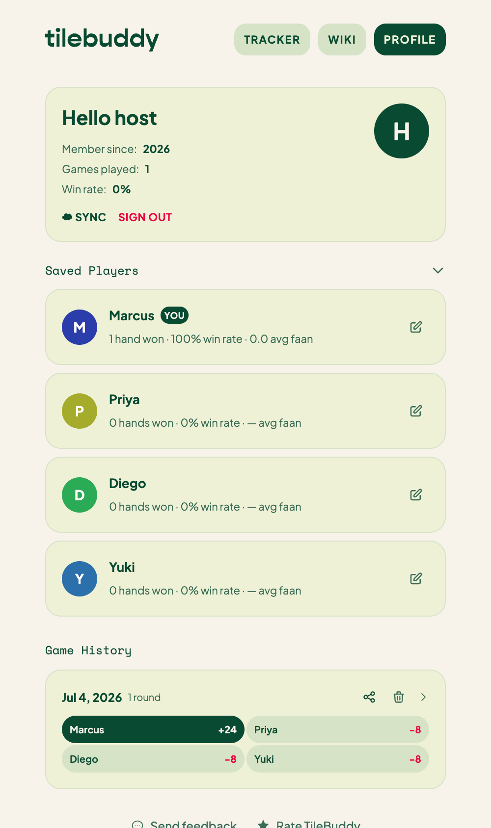 The Profiles page listing saved players with their lifetime stats