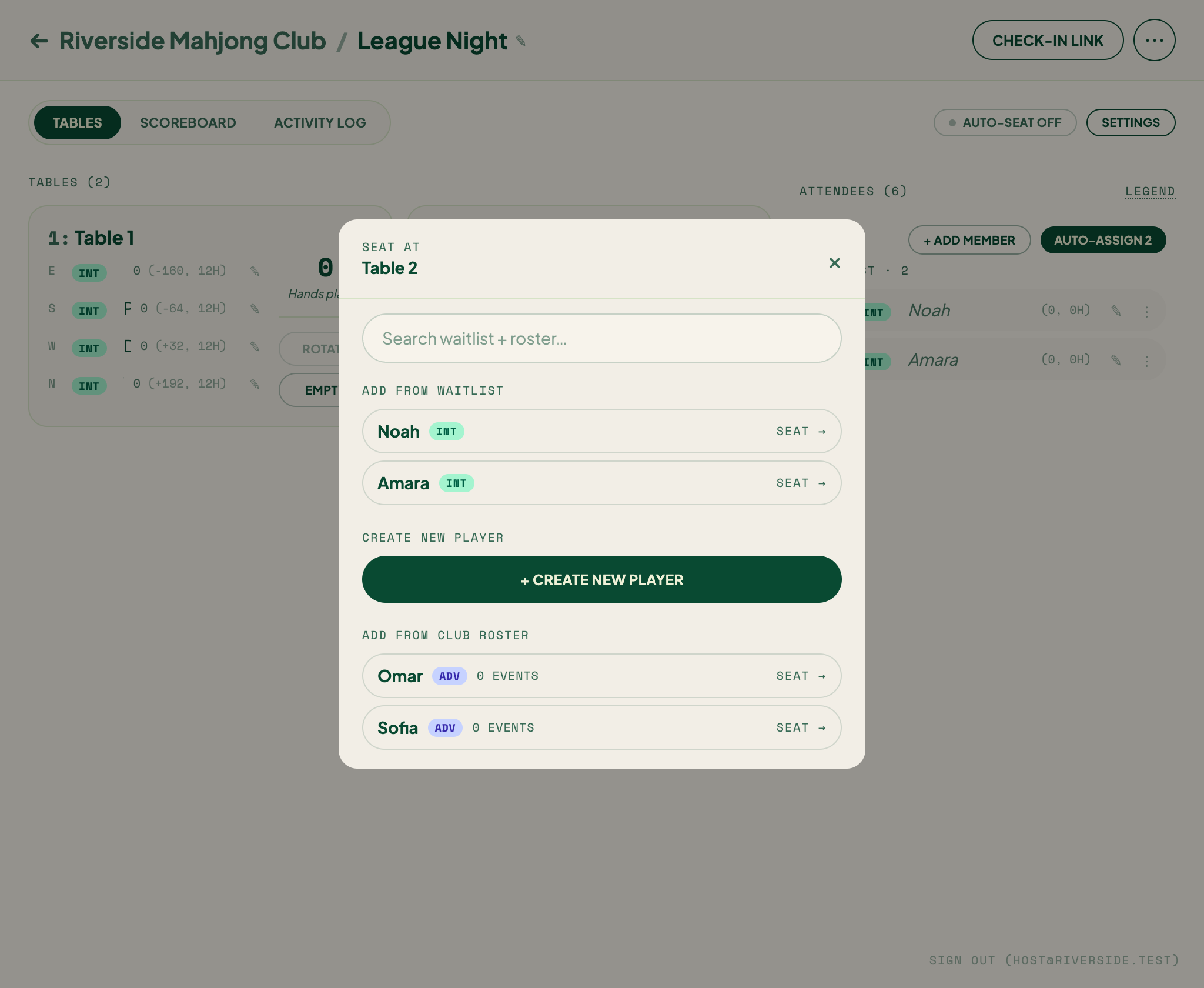 The seat picker with three sections: Add from waitlist, Create new player, and Add from club roster