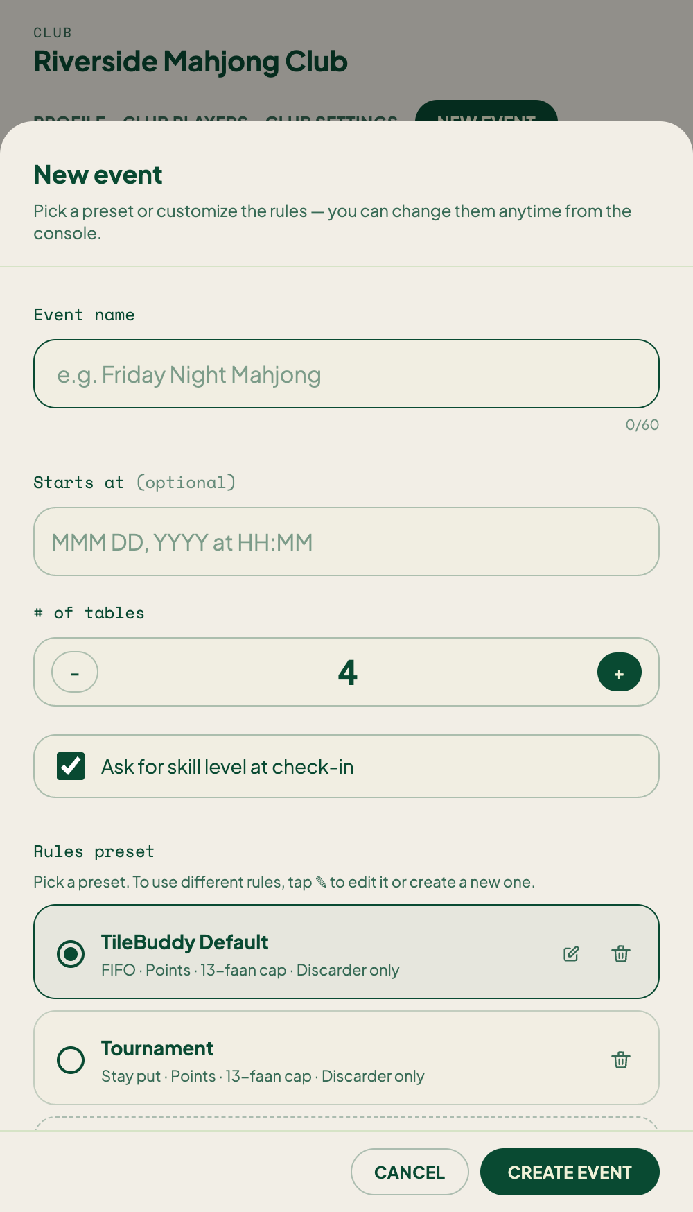 Name the event, set the number of tables, and pick a rule preset.