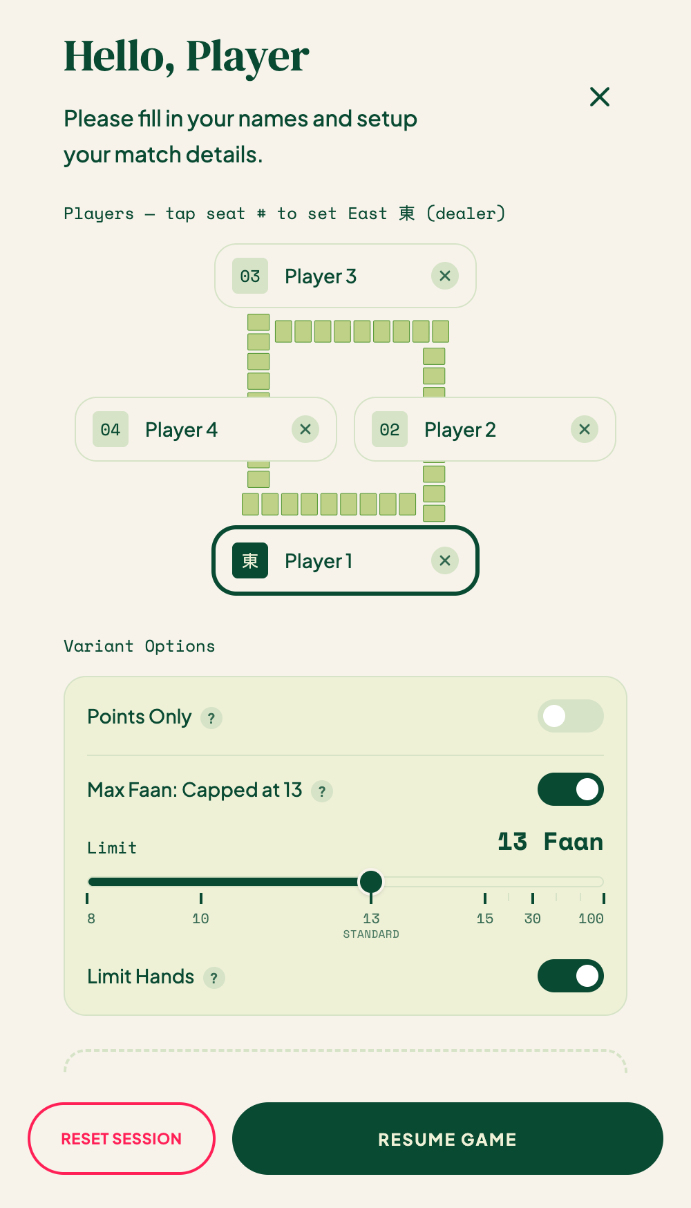 Set names, dealer, stakes, and the main rules.